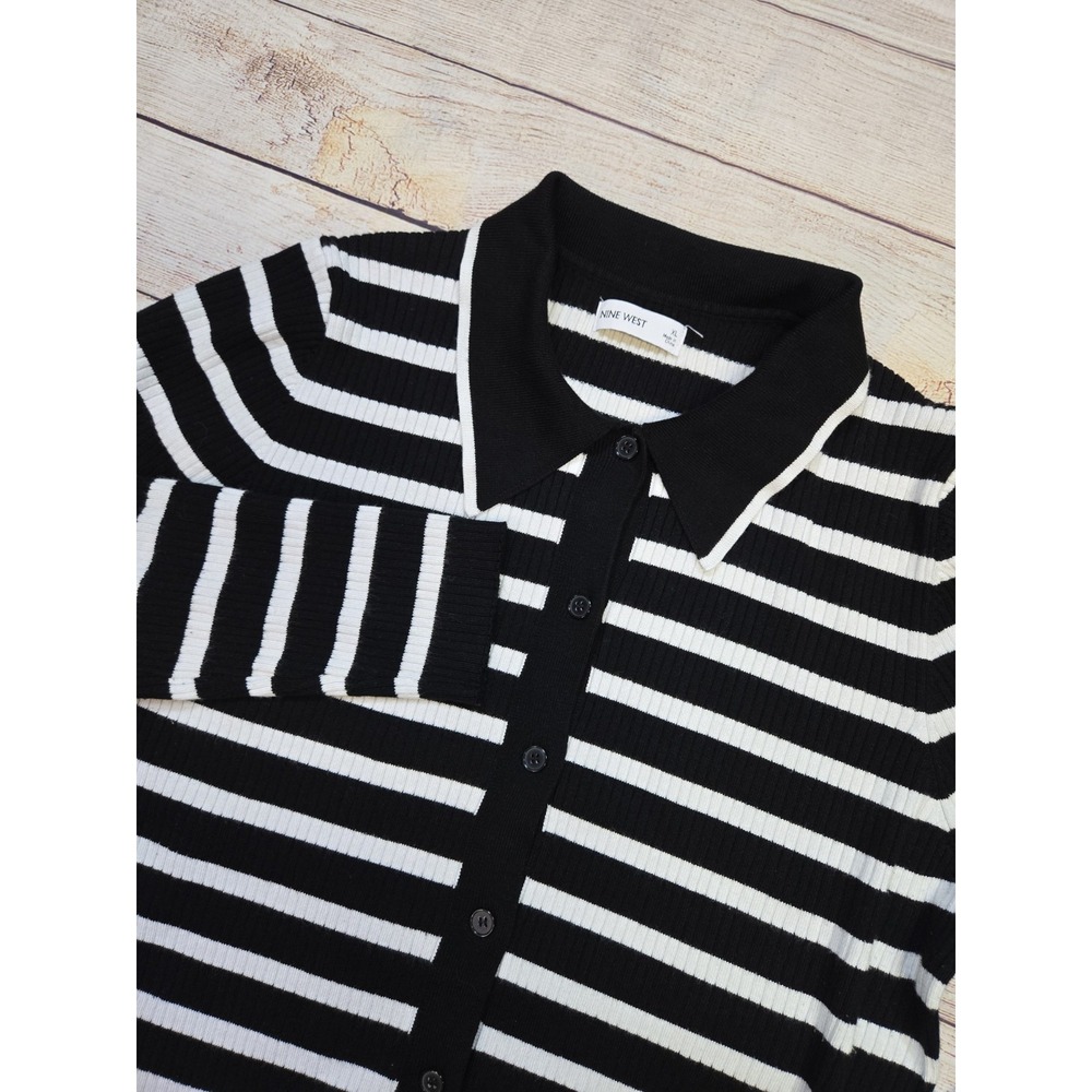 Nine West Women's Button Up Cardigan Sweater Striped‎ Sz XL Black & White Collar